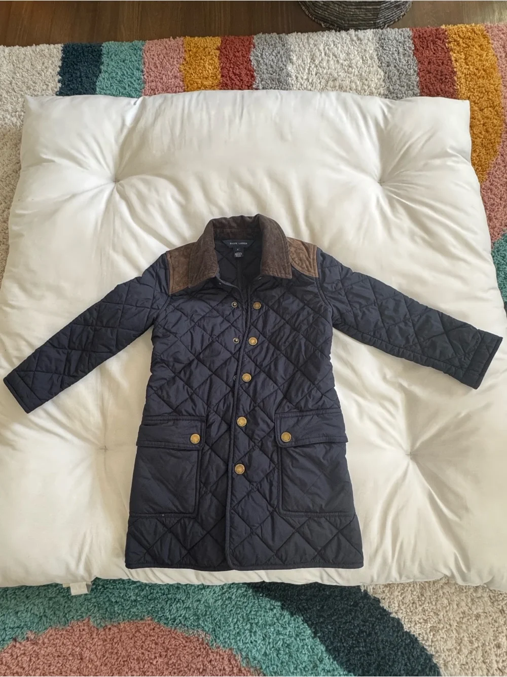 Ralph Lauren Navy Quilted Puffer Coat with Brown Corduroy Accents